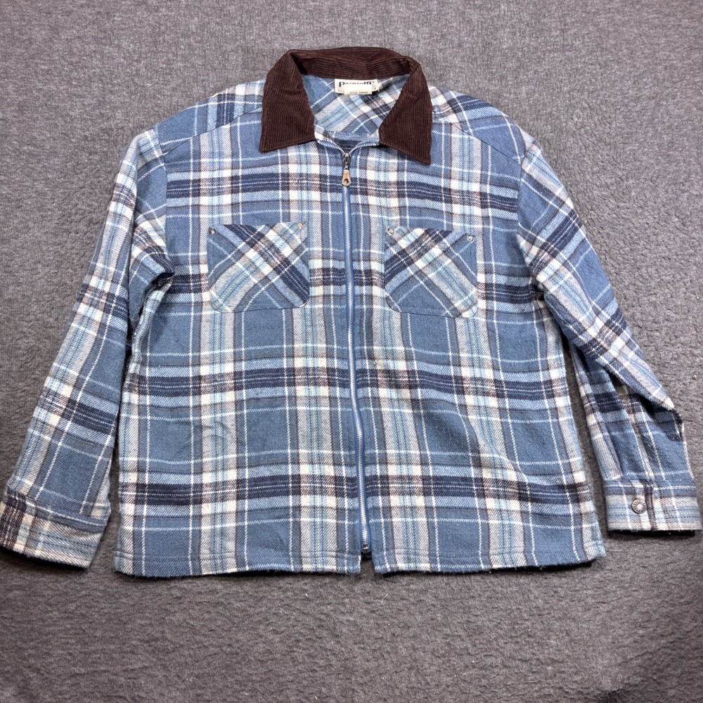 Vintage Paquette Zip‎ Up Shirt Jacket Women Large Blue Plaid Corduroy Collar